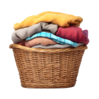 A wicker basket filled with a variety of neatly folded clothes towels and textiles in warm earthy tones png
