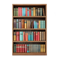 A well organized wooden bookshelf displaying a diverse collection of books ranging from textbooks and reference materials to works of fiction and nonfiction png