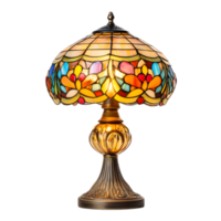 A beautifully crafted Tiffany inspired table lamp featuring an intricate colorful stained glass shade in a floral pattern creating a warm and inviting glow png