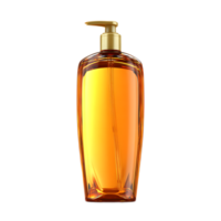 This visually striking shampoo bottle features a captivating amber toned liquid housed in a sleek transparent glass container The elegant golden pump adds a refined touch suggesting a premium png