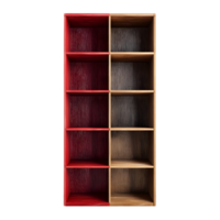 A simple clean design of a wooden shelving unit with contrasting red and brown compartments offering versatile storage and display space png
