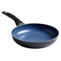 A contemporary nonstick frying pan with a deep blue reflective surface and a sturdy metal handle designed for efficient and stylish cooking png