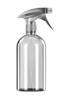 A clear empty spray bottle with a silver trigger mechanism used to dispense various household liquids or cleaning products png