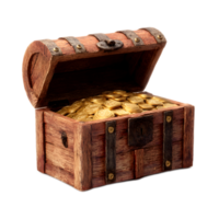 An ornate aged wooden treasure chest filled to the brim with shiny gold coins symbolizing wealth prosperity and the promise of hidden riches png