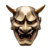 A striking and dramatic portrayal of a traditional Japanese oni demon mask featuring an intense and foreboding expression with bold metallic gold features and sharp horned details png