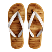A pair of simple white flip flops resting on a warm wooden surface evoking a sense of casual summer style and relaxation png