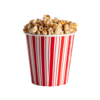 A vibrant striped paper bucket overflowing with freshly popped buttery popcorn a classic movie theater concession item perfect for sharing and enjoying during a cinematic experience png
