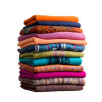 A colorful and inviting stack of neatly folded clothes made from a variety of vibrant fabrics including cotton linen and knits creating a cozy and stylish display png
