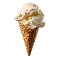 A generous scoop of creamy smooth and delectable vanilla ice cream nestled in a crisp golden waffle cone inviting the viewer to indulge in a sweet and refreshing treat png