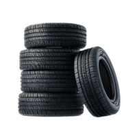 A neatly stacked pile of new black car tires arranged in a studio setting with clean bright lighting creating a minimalist professional product shot png