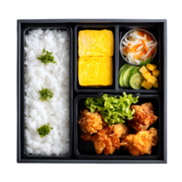 A visually appealing and well balanced Japanese bento box featuring a variety of delicious and nutritious components including fried chicken rice salad and pickled vegetables png