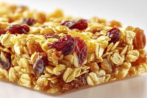 Close-up of a granola bar with cranberries and oats. photo