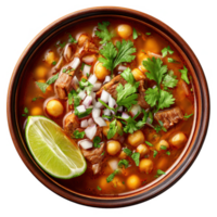 Delicious pozole bowl with lime cilantro and onion food photography on transparent background png
