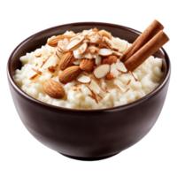 Delicious rice pudding dessert with almonds and cinnamon closeup shot on transparent background png