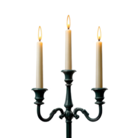 Three lit candles in a candelabra creating soft light and warm glow on transparent background png