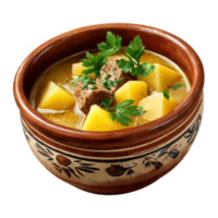 Delicious beef stew with potatoes recipe in a rustic bowl food dish on transparent background png