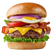 Delicious burger with bacon cheese egg onion tomato and lettuce food on transparent background png