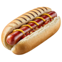 Delicious grilled hotdog with mustard and ketchup on a soft bun food on transparent background png