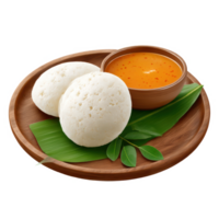 Two idlis with sambar and chutneys on wooden plate with green leaf png