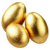 Golden easter eggs shiny metallic foil wrapped treasure hunt decoration on transparent background png