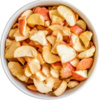 Dehydrated apple chips in bowl healthy snack food closeup on transparent background png