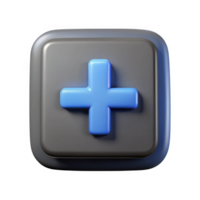 3d render of a gray square button with a blue plus sign isolated on transparent background png