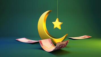 3D rendering of golden Crescent moon and star with string and Ghanaian cedi notes isolated on green background. Bank financial Eid wish post concept idea. Happy Ramadan Mubarak photo