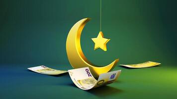3D rendering of golden Crescent moon and star with string and Euros notes isolated on green background. Financial Bank Eid wish post concept idea. Happy Ramadan Mubarak photo