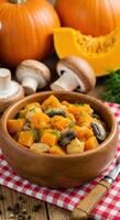 Delicious Autumn Pumpkin Stew Recipe with Mushrooms and Chicken photo