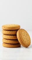 Delicious Golden Brown Buttery Cookies Stacked on White Background for Baking Food Photography photo