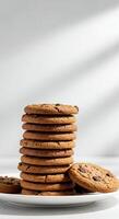 Delicious Chocolate Chip Cookies Stacked High on a Plate photo