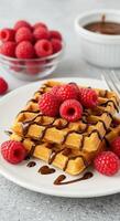 Delicious Waffles Topped with Raspberries and Chocolate Drizzle photo