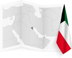 Kuwait grayscale map and hanging flag. png