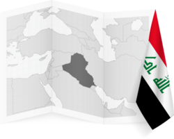 Iraq grayscale map and hanging flag. png