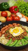 Delicious Stir-fried Spaghetti with Egg, Minced Meat, and Fresh Vegetables photo