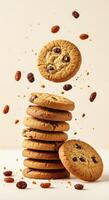 Delicious Raisin Cookies Stacked High with Falling Crumbs and Raisins photo