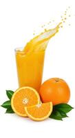 Fresh Orange Juice Splashing into Glass with Slices and Leaves photo