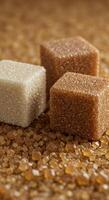 White and Brown Sugar Cubes on Brown Sugar Crystals Background Sweetener Texture photo