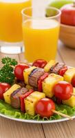 Delicious grilled beef pineapple skewers with cherry tomatoes, a vibrant summer recipe. photo