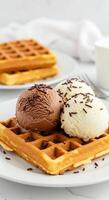 Delicious waffle topped with chocolate and vanilla ice cream scoops and sprinkles photo