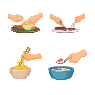 Various Ways of Eating Using Hands and Cutlery Symbol Set Cartoon Illustration