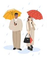 Young multiracial couple standing under umbrellas in the rain. Flat illustration on white background vector