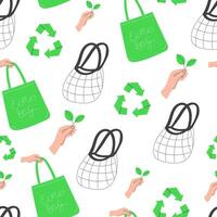 Seamless pattern of reusable shopping bags promoting plastic reduction in flat style on white background vector