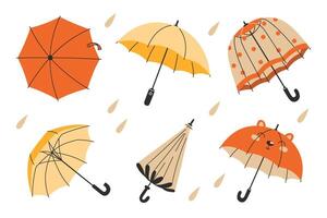 Collection of autumn umbrellas with raindrops in yellow and orange colours. Flat set on white background vector