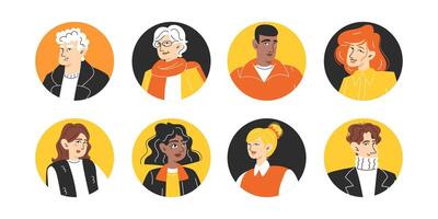 Diverse avatar collection of people of different ages and races in modern flat style on white background vector