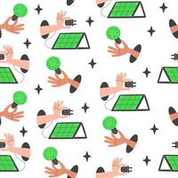 Seamless pattern of renewable energy symbols with solar panels and light bulbs in flat style on white background vector