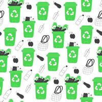 Seamless pattern of recycling waste bins and materials in flat style on white background vector