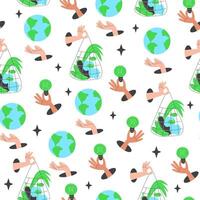 Seamless pattern of eco-friendly elements and environmental protection symbols in flat style on white background vector