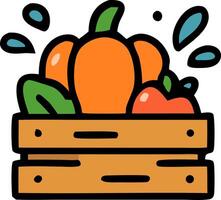 Fresh produce highlighted in a wooden crate with a pumpkin and an apple. Perfect for food blogs, grocery store promotions, and foodrelated designs vector