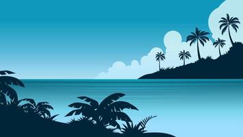 Blue beach landscape background, illustration of lagoon scenery with clear sky and water, silhoette of coconut trees, summer panoramic banner with copy space vector